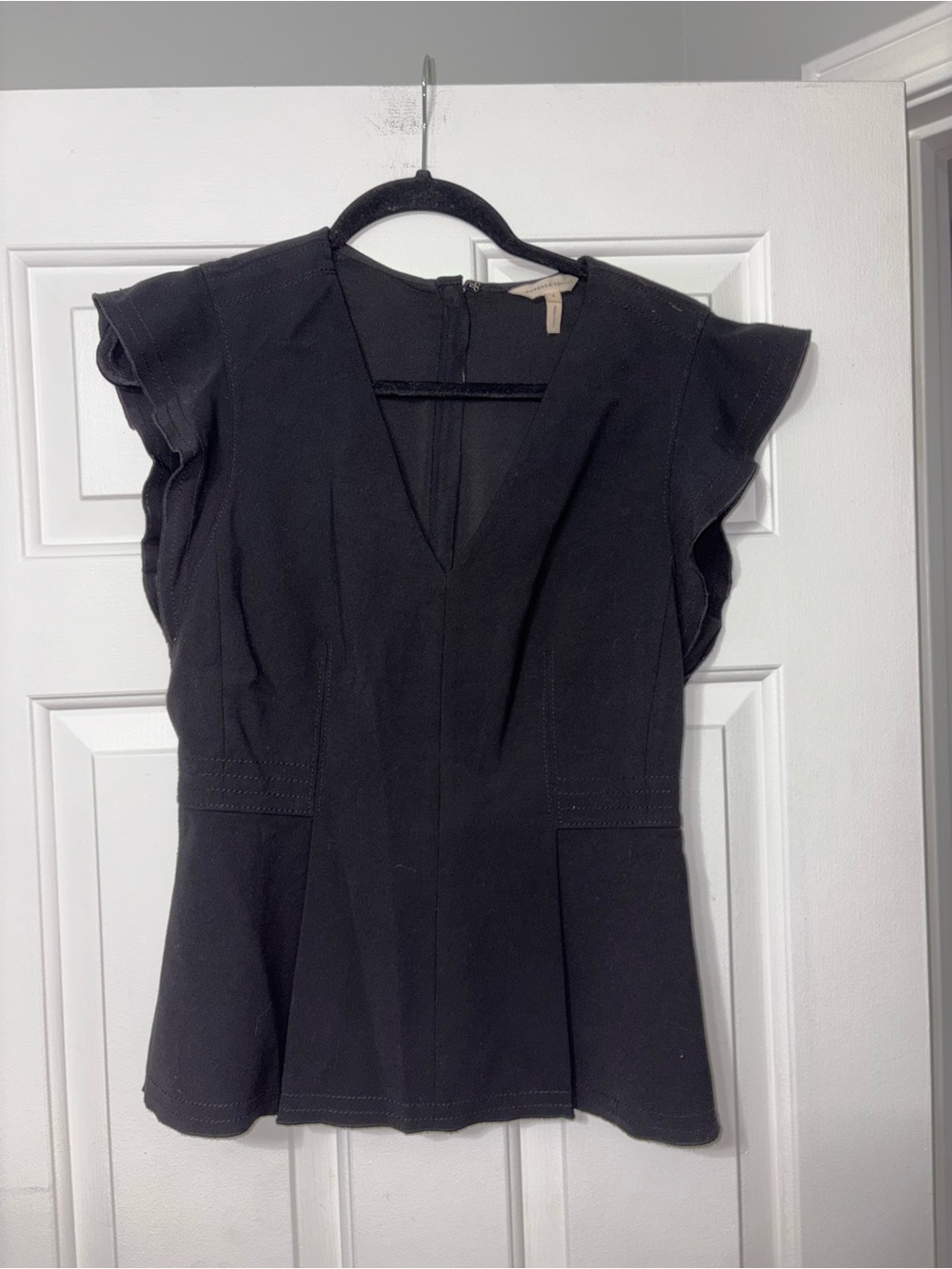 Rebecca Taylor Black V-Neck Flutter Sleeve Peplum Top
